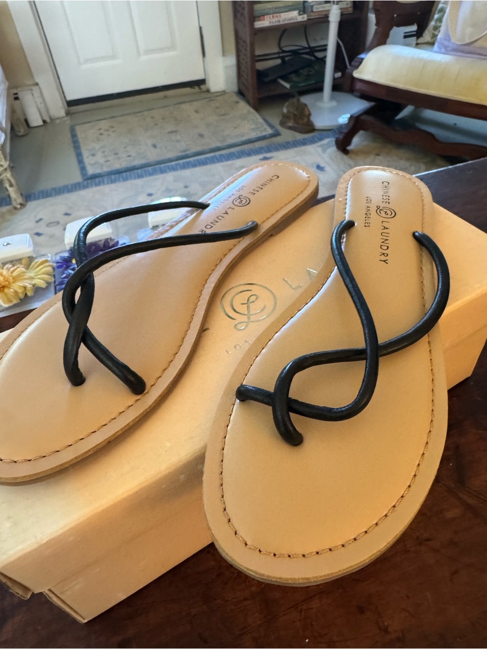 Laundry by Shelli Segal Tan Footbed Sandals with Black Straps
